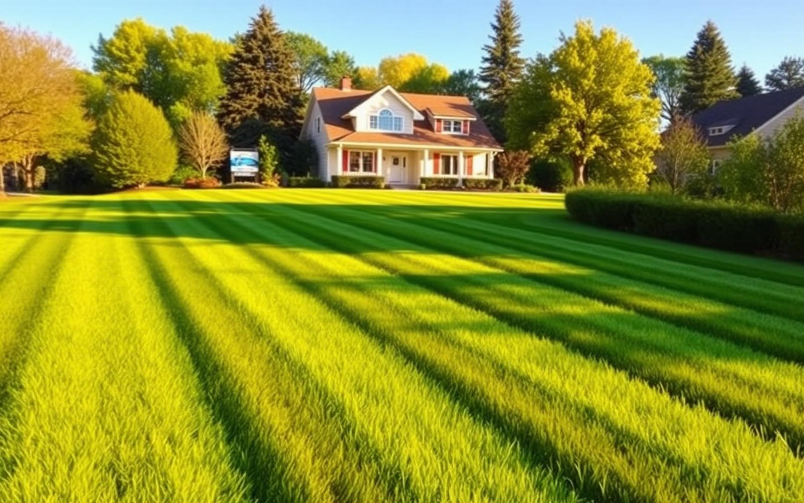 Freshly mowed striped lawn in front of a home